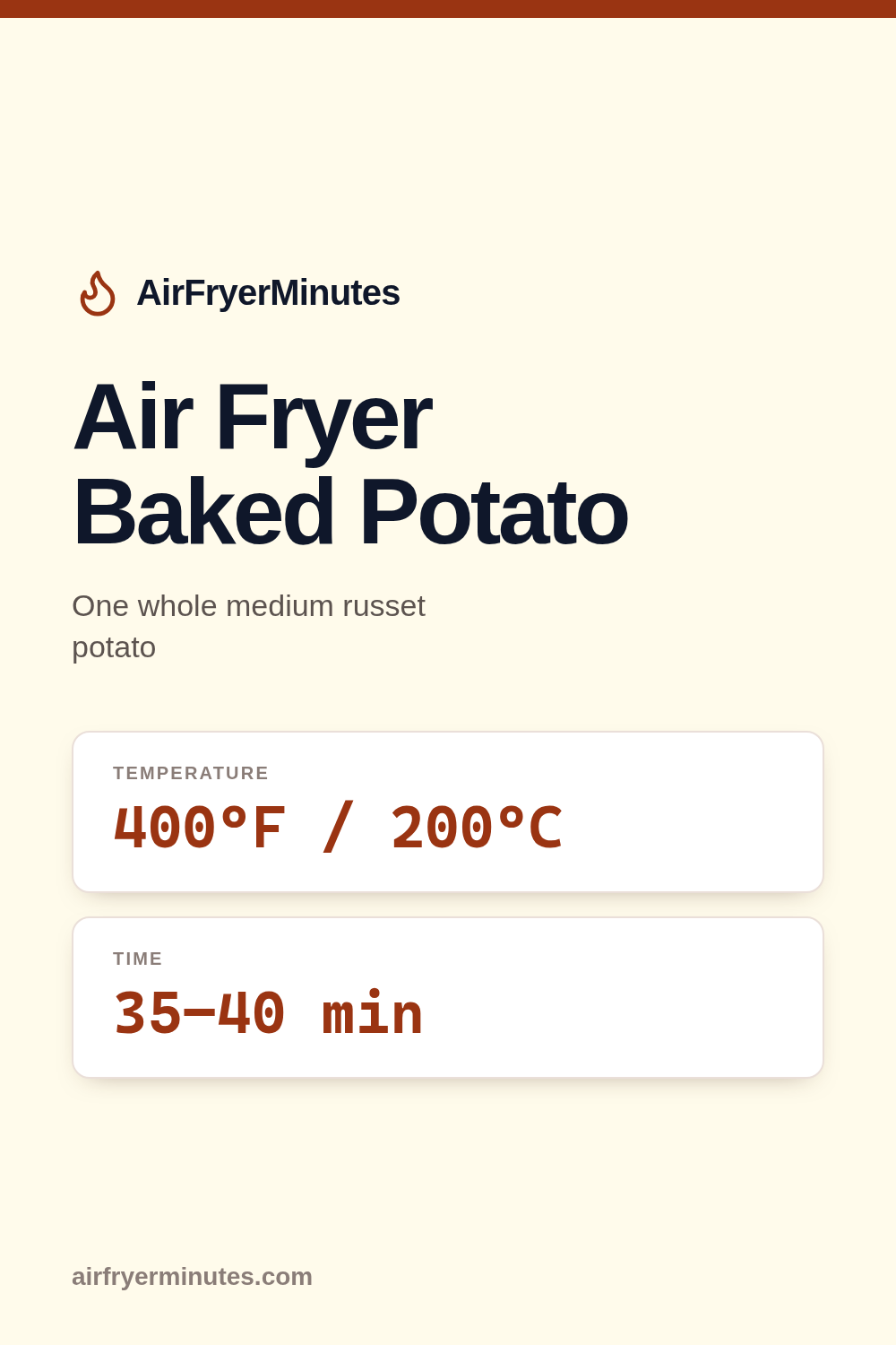 Air fryer baked potato: 35-40 minutes at 400F