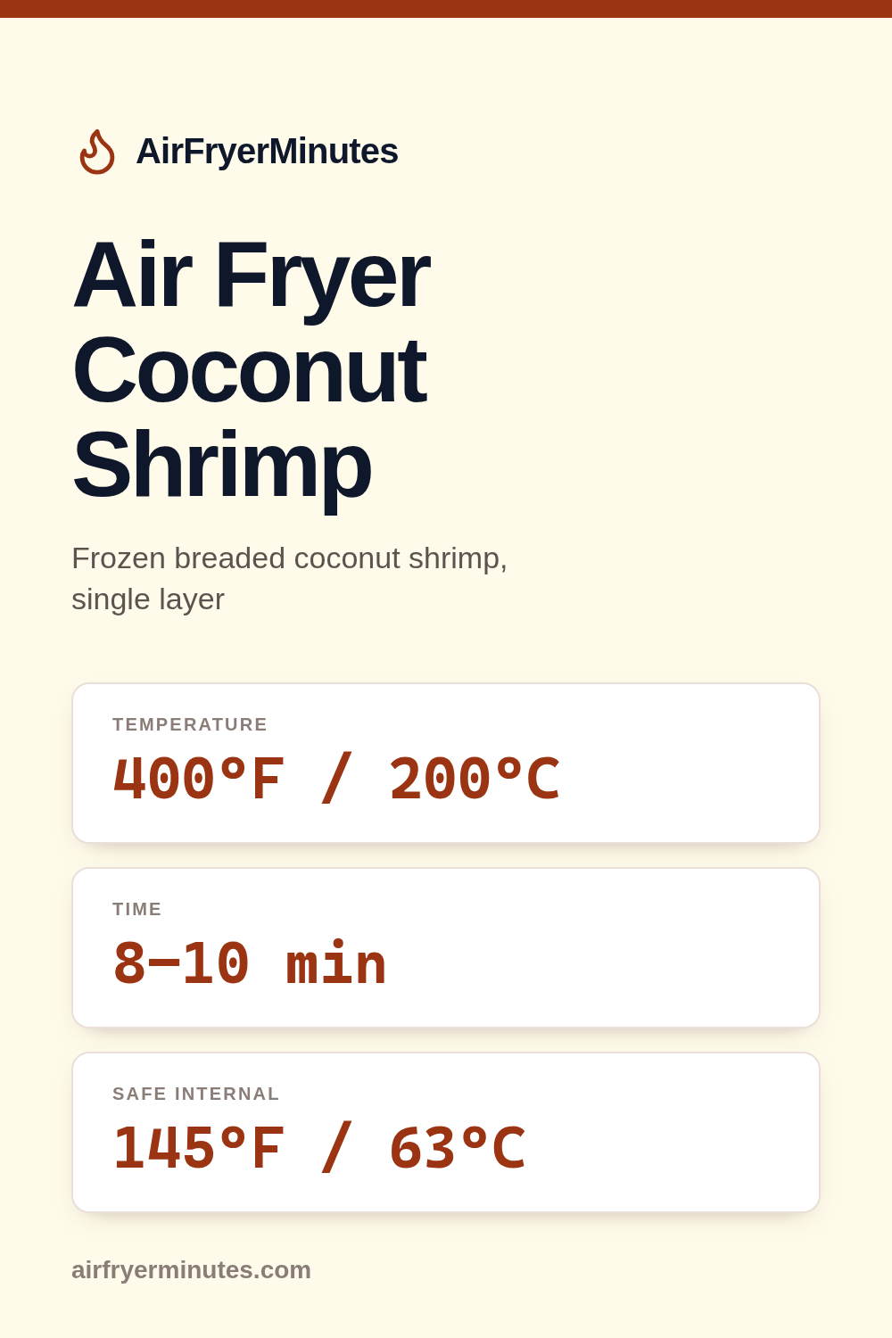 Air fryer coconut shrimp: 8-10 minutes at 400F