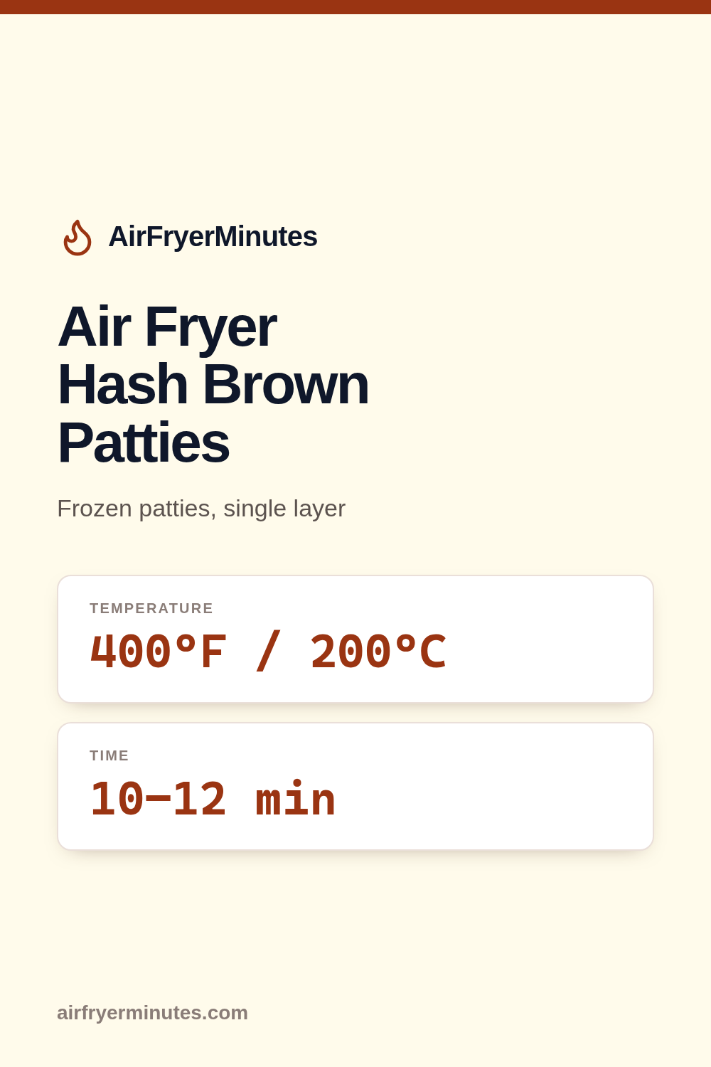 Air fryer hash brown patties: 10-12 minutes at 400F