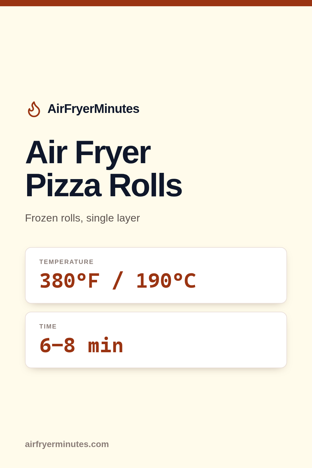Air fryer pizza rolls: 6-8 minutes at 380F