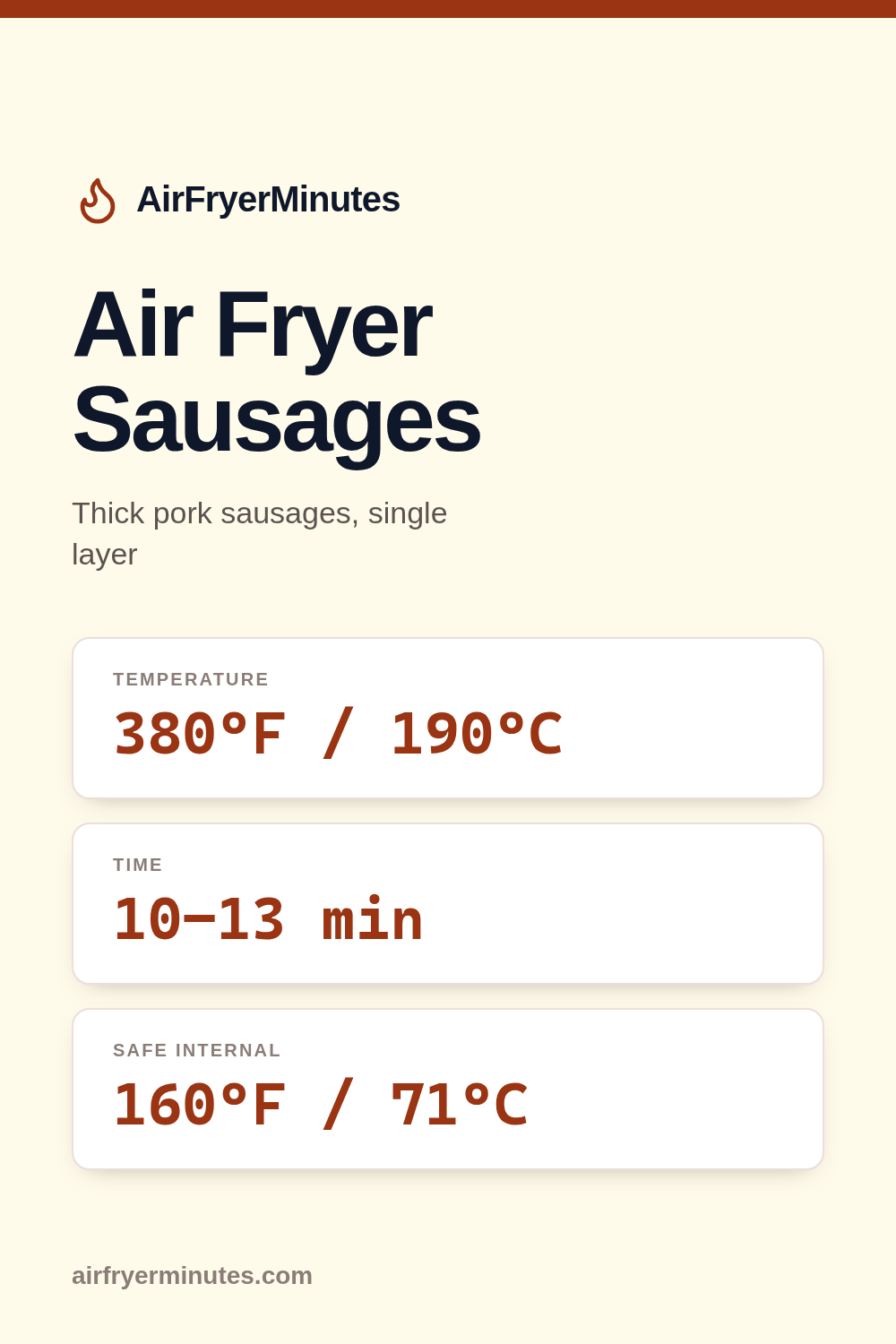 Air fryer sausages: 10-13 minutes at 380F