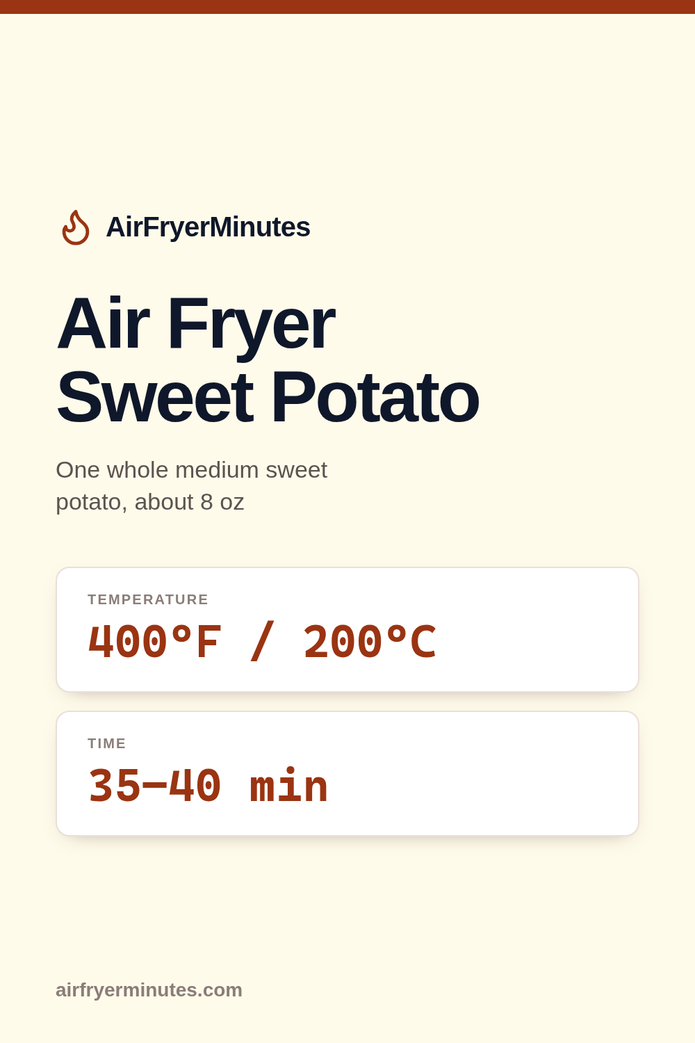 Air fryer sweet potato: 35-40 minutes at 400F