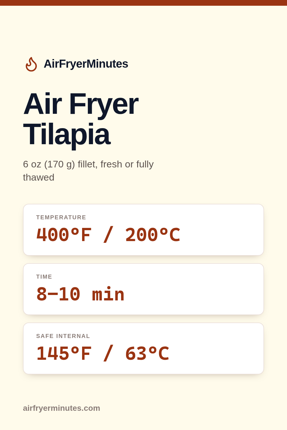 Air fryer tilapia: 8-10 minutes at 400F